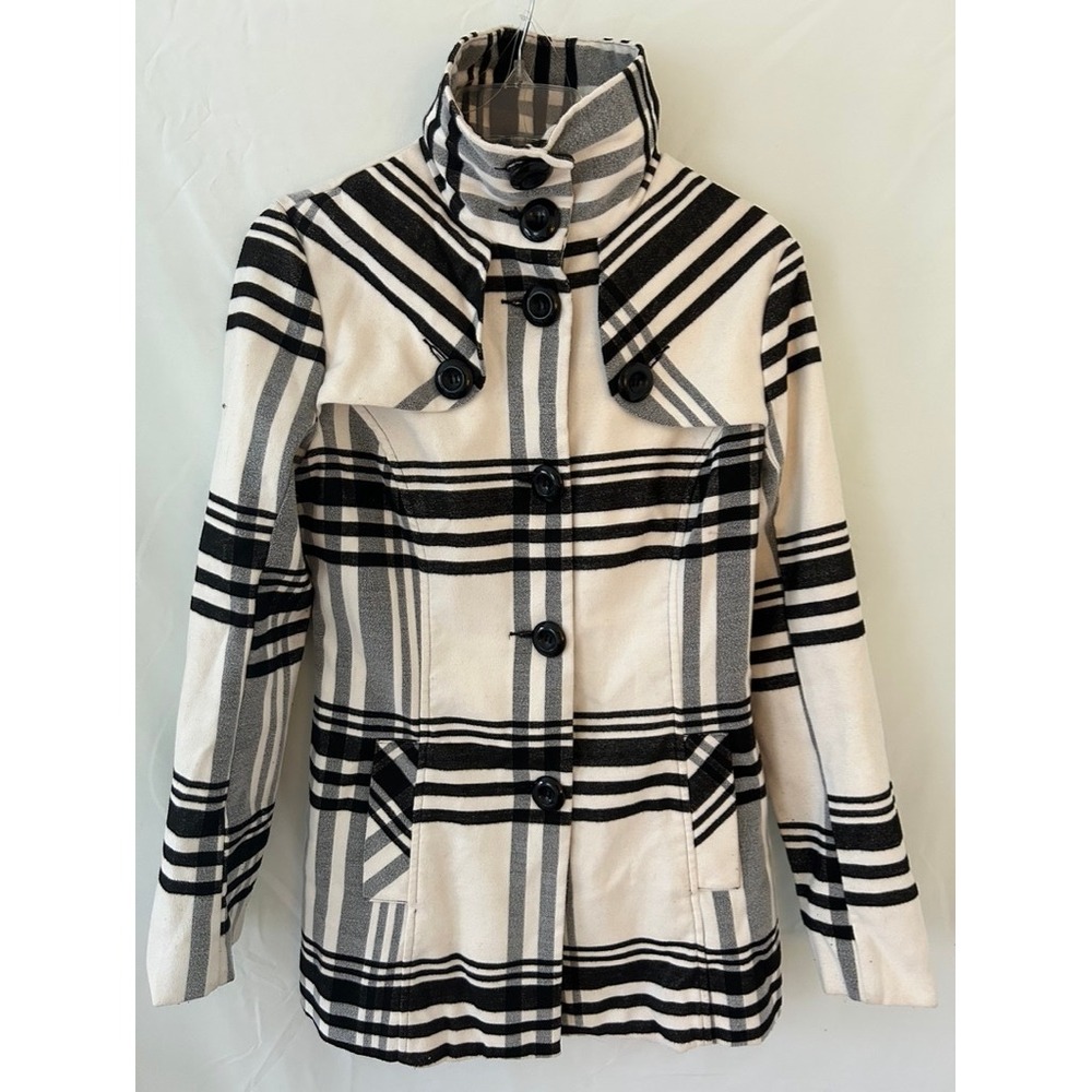 A.Byer Womens Black White‎ Plaid Funnel Neck Pea Coat Jacket Size L Button Front